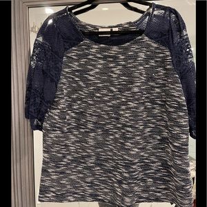 anthropologie navy and white shirt with lace sleeves, size L